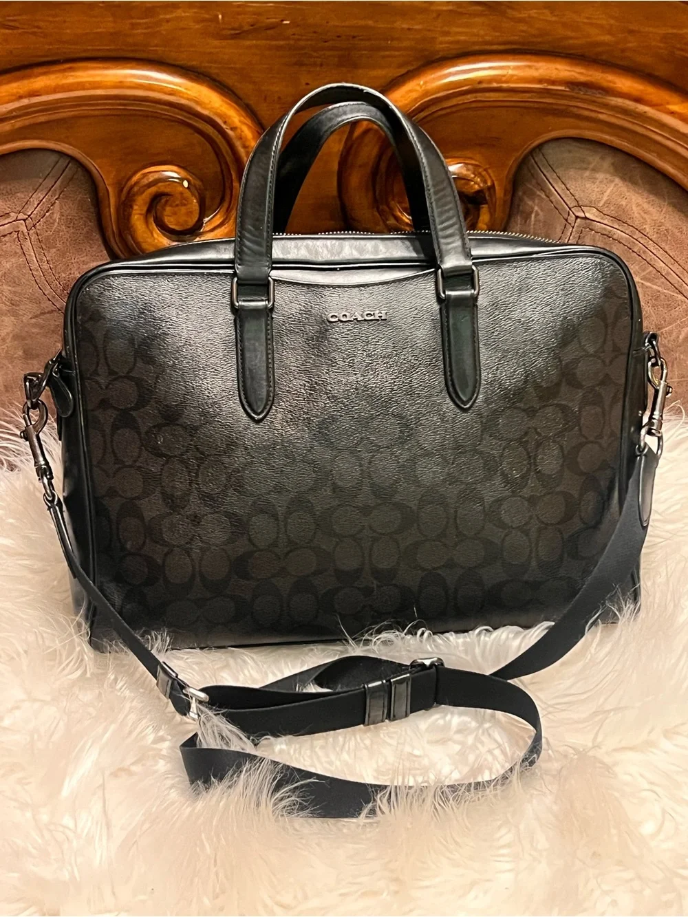 Coach Men's Black Signature  leather Briefcase business crossbody bag